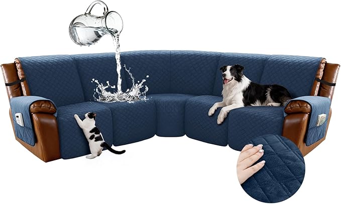 Arfntevss Waterproof Recliner Sectional Couch Covers for Reclining Sectional L Shape Sofa Cover Non Slip Washable Recliner L Shaped Slipcover Sets for Dog Furniture Protector (5 Seater, Dark Blue) by Arfntevss