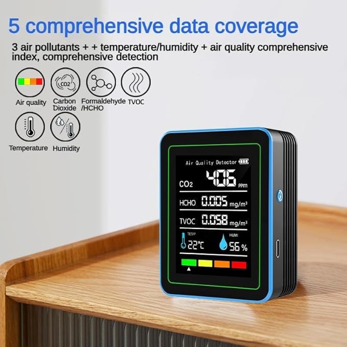 5-in-1 air Quality Monitor, Professional air Quality Detector with CO2 Monitor/Formaldehyde/TVOC/Temperature/Humidity, Suitable for Home, Hotel, Office, car - Image 5