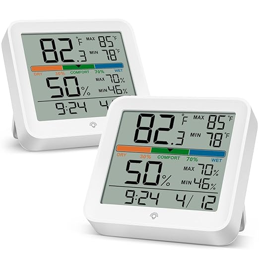 2 Pack Indoor Thermometer Room Temperature Home Hygrometer Humidity Gauge, Accurate with Calibration, Backlight, Air Comfort Indicator, 24H Max Min Records, Time, Date(AAA Batteries Included) by MeesMeek