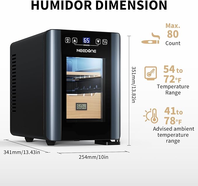 NEEDONE Cigar Humidor 8L with Heating & Cooling Control, Quiet Thermostatic Electric Cooler Cabinet for 80 Counts with Spanish Cedar Wood Shelves & Drawer with Hygrometer, Gift for Men - Image 9