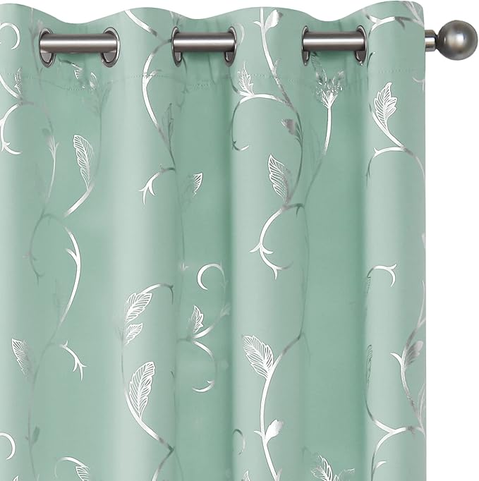BUHUA Blackout Curtains 96 Inches Long, Vine Foil Print Pattern Room Darkening Curtain, Living Room Curtains & Drapes, Thermal Insulated Window Panel Set, 52 x 96 Inch, Aqua by BUHUA