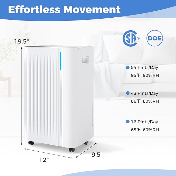 COSTWAY 54 Pints Dehumidifier for Basement, 4500 Sq.Ft Portable Dehumidifier with Drain Hose, 1.1 Gal Water Tank, 3 Modes, 24 H Timer, 3-Color Light, Auto Defrost, Memory, Child Lock - Image 2