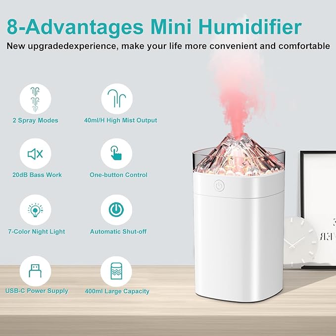 Small Humidifier, 400ml Small Humidifiers for Plants with 2 Spray Modes, Portable Mini Humidifier for Travel, Waterless Auto-off Humidifiers with 7-Color Night Light for Bedroom Nightstand Office - Image 2
