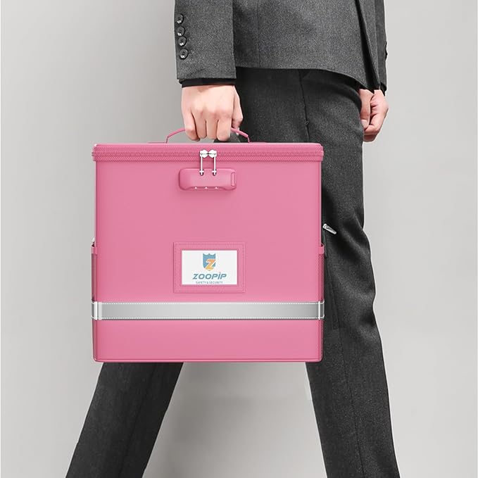 Fireproof File Box with Lock, Document Box Storage Organizer, Suitable for Hanging File Folders in Letter Size, Collapsible File Box, Reflective Strip for Fast Find (12.2"*6"*10.2, Pink) - Image 7