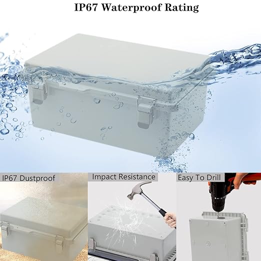 Zulkit Junction Box,IP67 Waterproof Electrical Box Hinged Cover Stainless Steel Buckle Plastic Enclosure for Project w Mounting Plate Wall Bracket and 2 Cable Gland Grey 10.2 x 6.3 x 3.9 Inch - Image 3