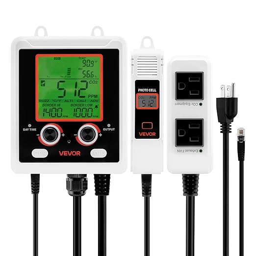 VEVOR Carbon Dioxide Monitoring Controller, Dual Outlets Carbon Dioxide Controller, CO2 Meter Monitor Day and Night Detection Feature, NDIR CO2 Sensor for Green House, Laboratories, Classrooms, Home by VEVOR