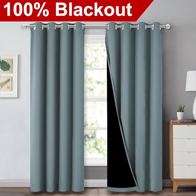 NICETOWN 100% Blackout Curtains for Bedroom 84 incehs Long, Privacy Protection & Noise Reducing Full Shade Drapes with Black Liner, Insulated Window Treatment, 2 Pieces, 52" W per Panel, Stormy Sea - Image 2