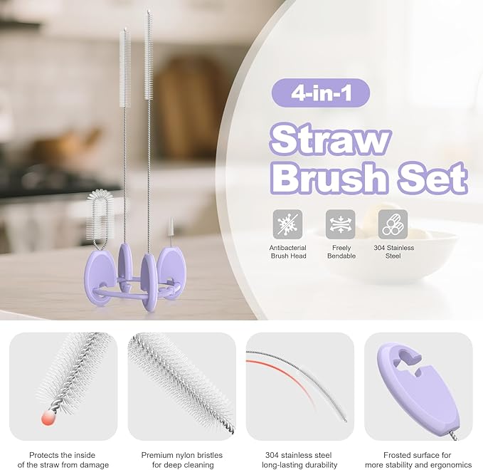 YOTIME Standing Straw Cleaner Brush Set, 4in1 Reusable Straw Brushes with Holder Ring, for Wide and Narrow Straws, Tumblers, Water Bottles and Cups, Purple - Image 3