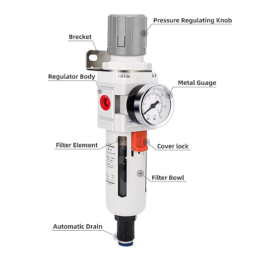 NANPU 3/8" NPT Compressed Air Filter Regulator Combo Piggyback, Auto Drain, 5 Micron Brass Element, Poly Bowl, Metal Bracket, 0-150 psi Gauge - Image 2