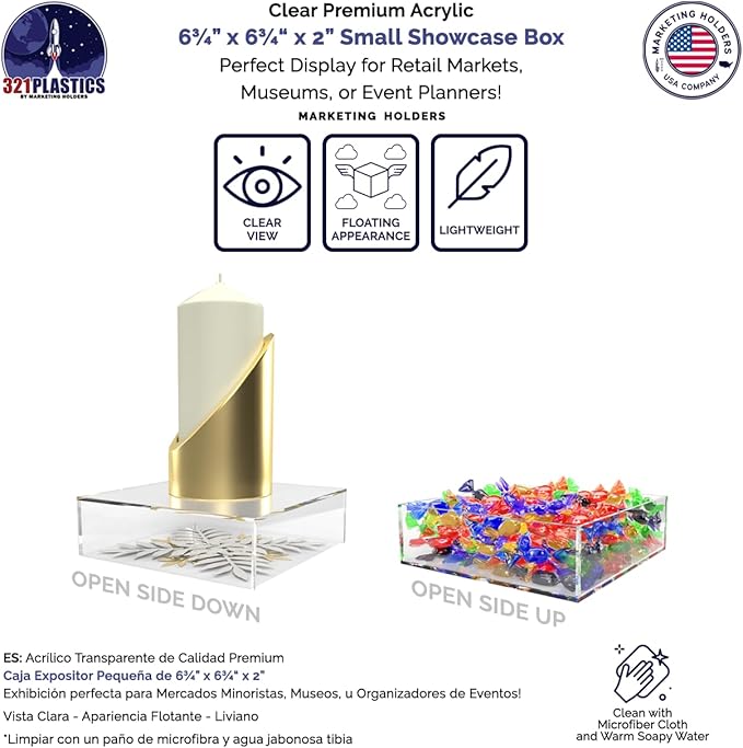 Acrylic Display Box Countertop Showcase Bin 6.75" x 6.75" x 2" Clear Lucite Merchandise Storage No Lid with Open Bottom Square Flippable Cubby for Retail Stores and Expos by Marketing Holders - Image 4