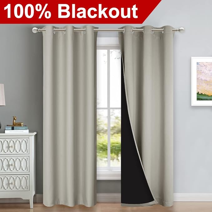 NICETOWN Natural Blackout Curtains 84 inches Long, Full Light Blocking Drapes with Black Liner for Nursery, Thermal Insulated Draperies for Hall, Villa (2 Pieces, 42" Wide Each Panel, Natural) - Image 2