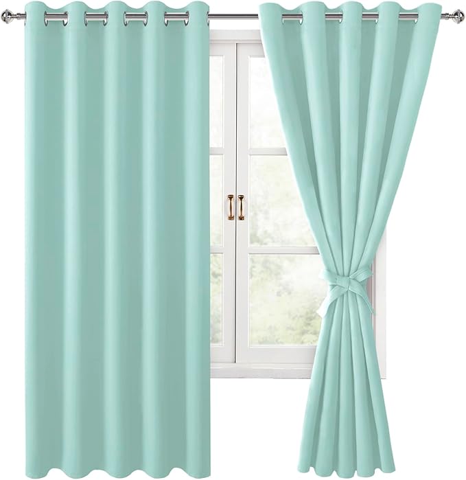 Hiasan Room Darkening Curtains for Bedroom, 60 x 72 Inches - Thermal Insulated & Energy Saving Window Drapes for Living Room/Dorm Room, Set of 2 Panels Sewn with Tiebacks, Aqua by Hiasan