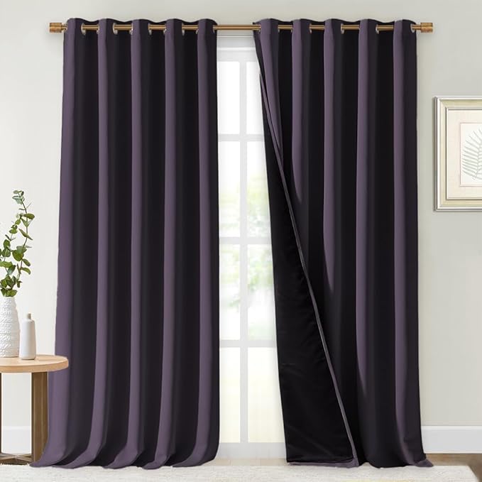 NICETOWN Full Shading Curtains for Windows, Greyish Purple, Pack of 2, 62 inches W x 95 inches L, Super Heavy-Duty Black Lined Blackout Curtains for Bedroom, Privacy Assured Window Treatment by NICETOWN
