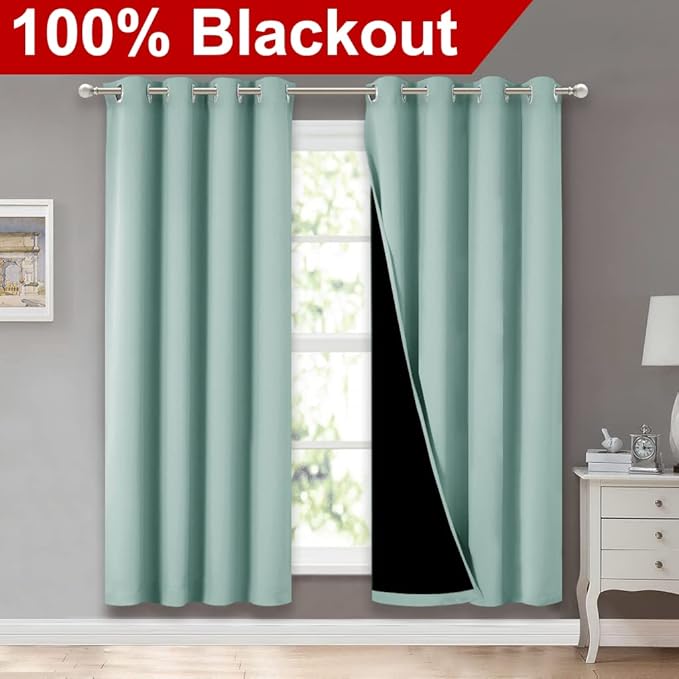 NICETOWN 100% Blackout Window Curtain Panels, Full Light Blocking Drapes with Black Liner for Nursery, 72-inch Drop Thermal Insulated Draperies (Aqua Blue, 2 Pieces, 52-inch Wide Per Panel) - Image 2