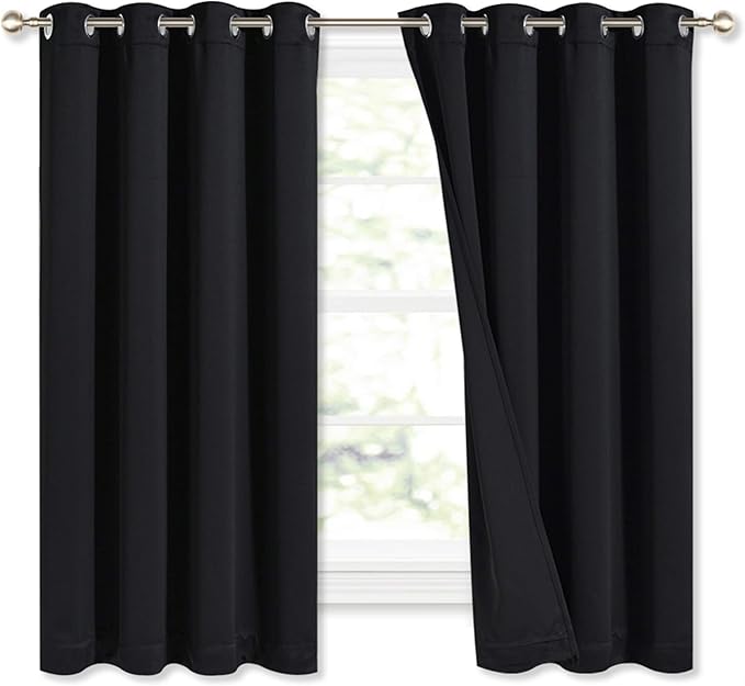 NICETOWN Complete 100% Blackout Curtains, Thermal Insulated Energy Efficiency Window Draperies with Black Liner, Noise Reducing Short Curtains for Kids Room (Black, 52-inch W by 63-inch L, 2 Panels) by NICETOWN