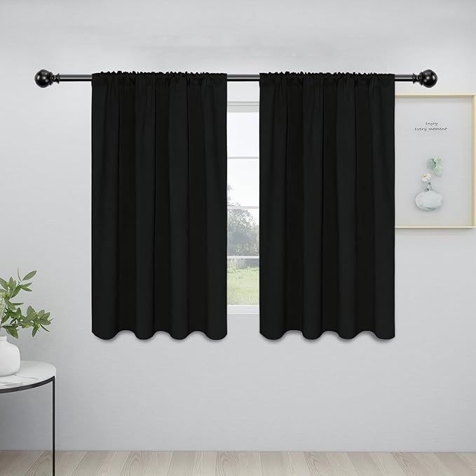 Easy-Going Rod Pocket Blackout Curtains for Bedroom, Room Darkening Window Curtains for Living Room, Thermal Insulated Noise Reduction Solid Window Drapes, 2 Panels(34x45 in,Black) by Easy-Going