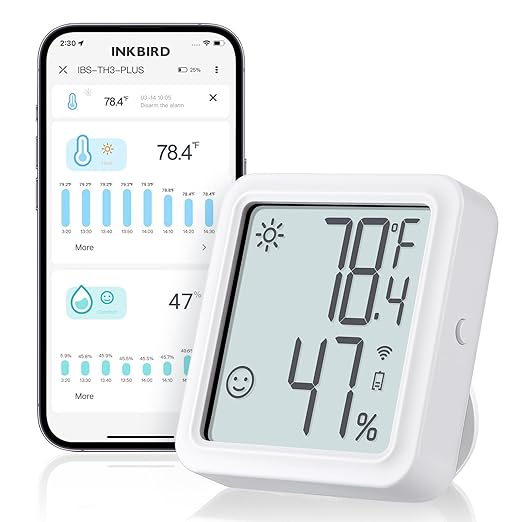 INKBIRD WiFi Thermometer Hygrometer, Indoor Temperature Sensor IBS-TH3-PLUS with Electronic Display, Humidity Monitor with App Alert 1 Year Data Storage Export, Digital Remote Monitor for Room by Inkbird