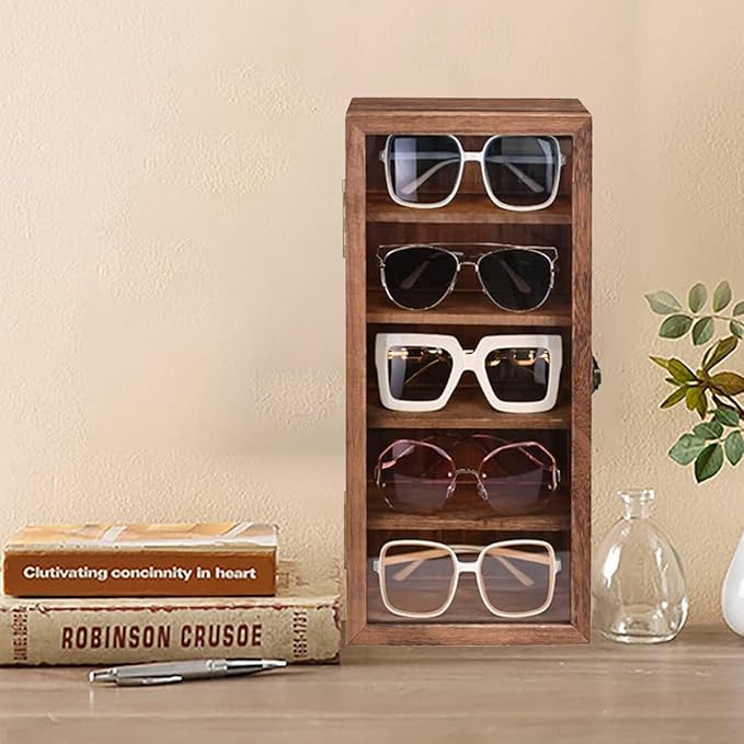 Wall Mounted Wooden Collectible Display Case 5 Shelf Display Storage Accessories Display with Acrylic Door, Sunglass Display Cabinet, Wall Shadow Box, Shelf Thimble Display Case (Carbon) - Image 6
