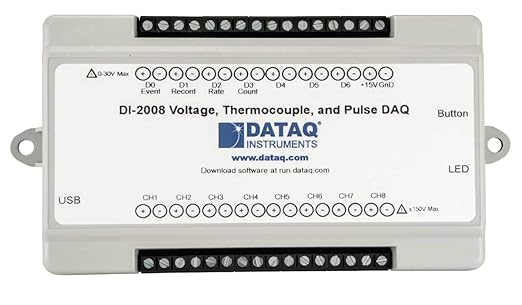 DATAQ DI-2008 Data Logger for Thermocouple, Pressure, Humidity and Voltage Measurement, 8 High Common Mode Isolated Analog Inputs, ±50 V, 16-bit Resolution, 200Hz, 7 D I/O, ExcelLink Included by DataqInstruments