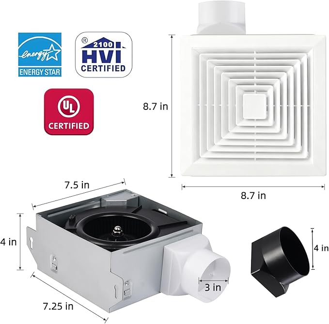 Bathroom Exhaust Fan 50 CFM,1.2 Sone, 3&4-Inch Duct Included, No Attic Access Needed, Energy Star, Easy to Install,Ceiling or Wall Mounted, Classic White Grille - Image 5