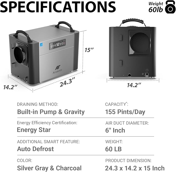 155 Pints Commercial Dehumidifier for Basement with Pump and Drain Hose, Large Space Dehumidifier for Crawl Space, Attic, Garage, Home, Industrial, Water Damage, Auto Defrost, Energy Star - Image 9