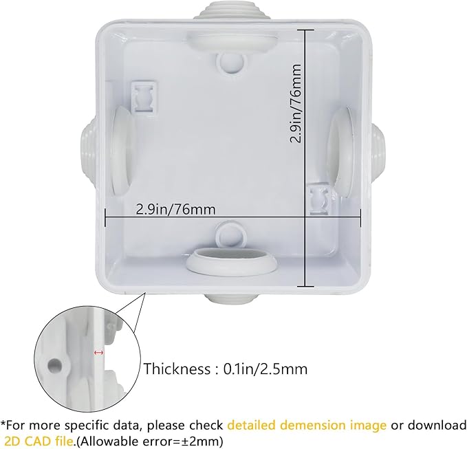 LeMotech Junction Box, ABS Plastic IP55 Water Resistant and Dustproof, Universal Electrical Enclosure, Outdoor and Indoor Project Box, Outer Size 3.1" x 3.1" x 1.9", White (Pack of 2) - Image 3