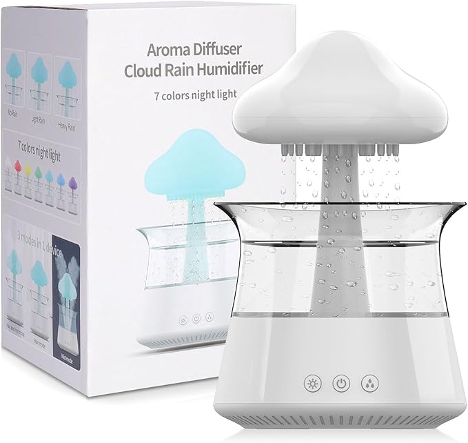 cjc Cloud Rain Humidifier for bedroom with Soothing Rain Sounds Sleep Aid, Waterfall Night Light, Mushroom Design Air Moisturizer，Room Decor Aesthetic for living room (White) by CJC