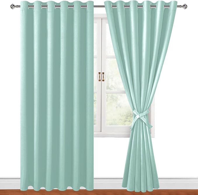 Hiasan Room Darkening Curtains for Bedroom, 70 x 84 Inches - Thermal Insulated & Energy Saving Window Drapes for Living Room/Dorm Room, Set of 2 Panels Sewn with Tiebacks, Aqua by Hiasan