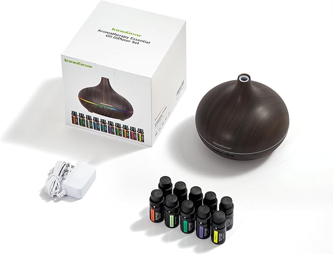 InnoGear Aromatherapy Diffuser & 10 Essential Oils Set, 400ml Diffuser Ultrasonic Diffuser Cool Mist Humidifier with 4 Timers 7 Colors Light Waterless Auto Off for Valentine's Gift, Dark Wood Grain - Image 5