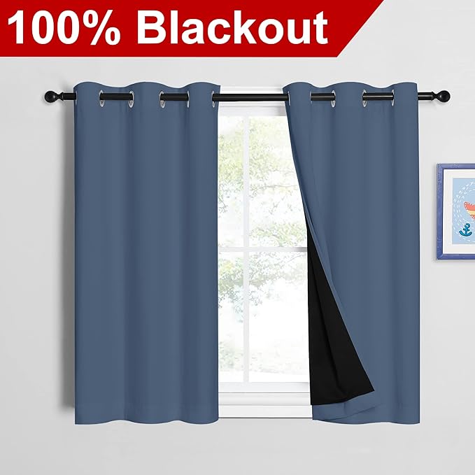 NICETOWN Stone Blue 100% Blackout Curtains with Black Liners, Thermal Insulated Full Blackout 2-Layer Drapes, Energy Efficiency Window Draperies for Boy's Room (2 Panels, 42-inch W by 45-inch L) - Image 2
