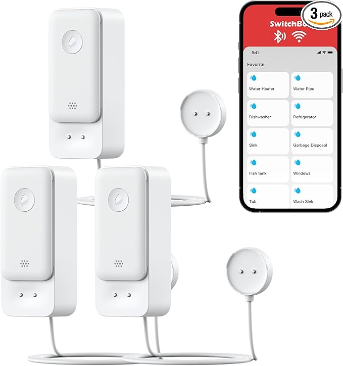 SwitchBot WiFi Water Leak Detector, Smart Water Sensor with 100dB Adjustable Alarm&App Alerts, IP67 Waterproof, Detector for Home with 3.28ft Sensing Cable, No Hub Required (Support 2.4G) (3, White) by SwitchBot