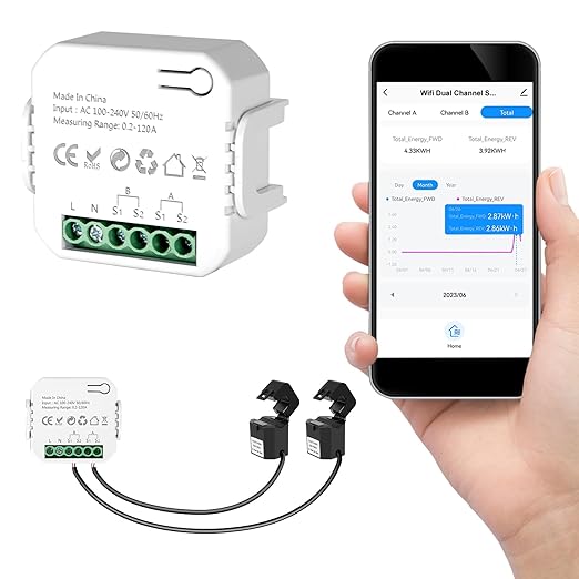 Smart Home Energy Monitor 2×120A, Dual-Channel Real-Time Electricity Usage Monitoring for Household Power, WiFi Energy Meter with App Control, Compatible with Tuya/Smart Life by LyteSolar