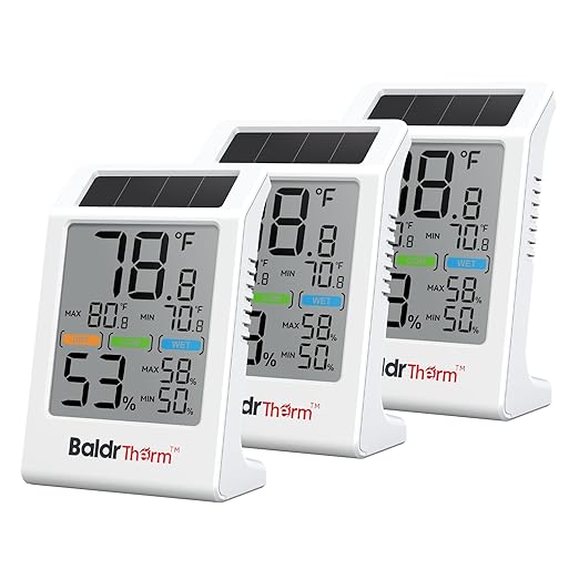 BaldrTherm Room Thermometer Indoor Humidity Meter Solar Powered with Max/Min Memory & Comfort Indicator - 3.2" Large Display for Home, White, 3Pack by BaldrTherm