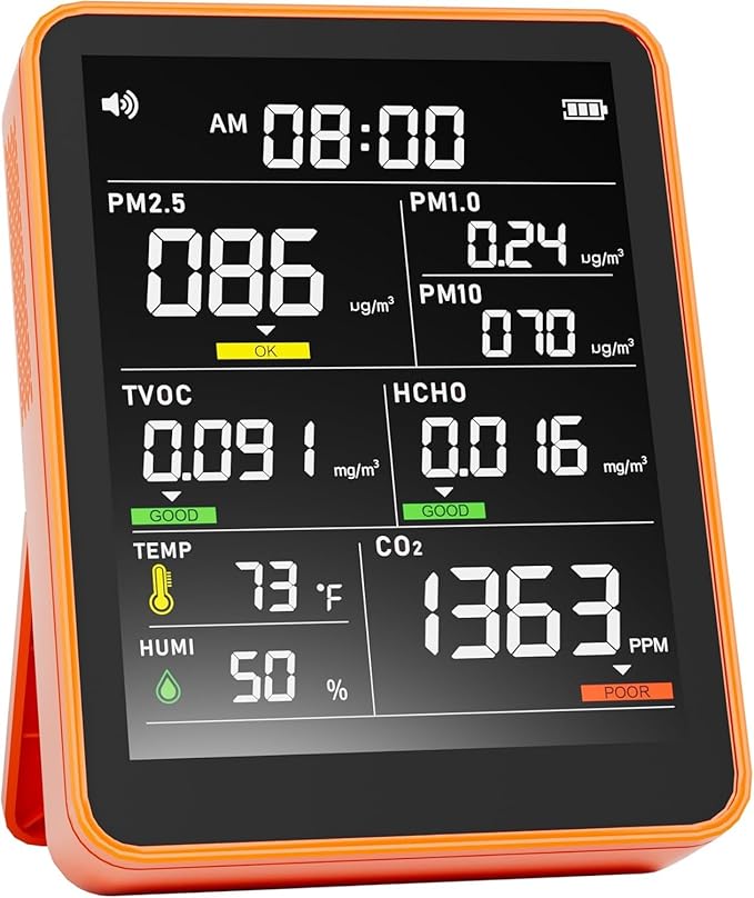 Air Quality Monitor Indoor,13-in-1 Smart Air Quality Tester with PM 2.5, CO2, TVOC, HCHO, PM1, AQI, PM10, Temperature & Humidity, Real Time Display, Battery Powered, for Home & Office (Persimmon) by PERFORMANCEGURU