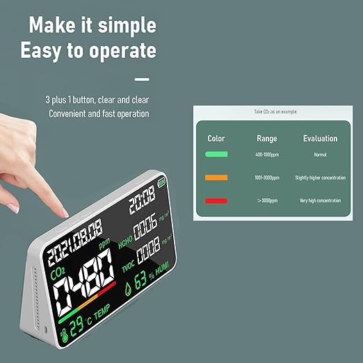 7-in-1 Indoor Air Quality Monitor,Desktop CO2/TVOC/HCHO Detector with Temperature,Humidity,Time & Date Display,High Accuracy,Ideal for Wildfire Monotoring,Home,Office,and School Use - Image 6