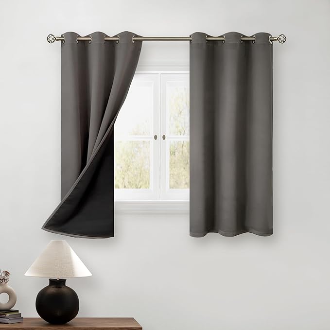BGment Short 100% Blackout Curtains for Bedroom, Thermal Insulated Energy Efficiency Noise Reducing Grommet Curtains 45 Inch Length with Liner for Small Window 2 Panels Each 42 Inch Wide, Grey by BGment