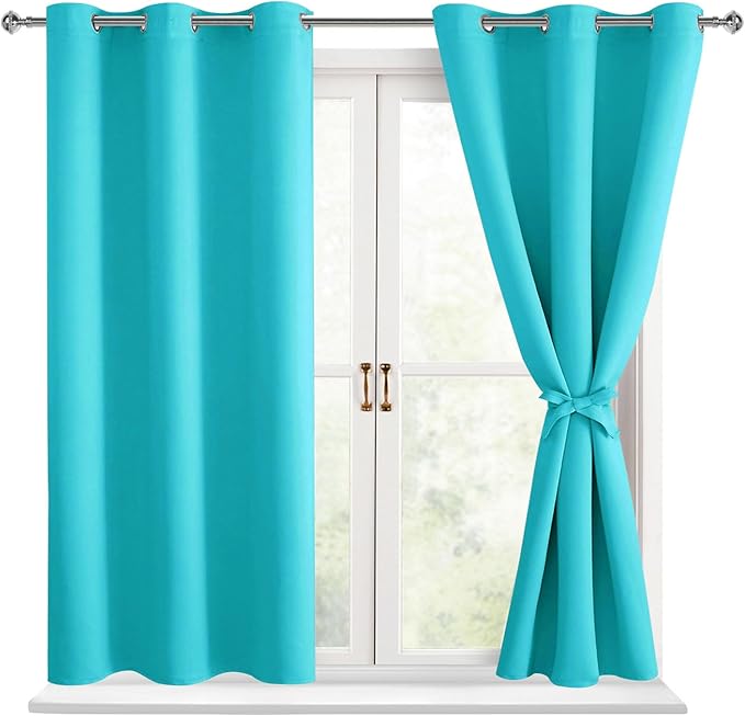 Hiasan Blackout Curtains for Bedroom - Thermal Insulated & Light Blocking Window Curtains for Living Room, 2 Drape Panels Sewn with Tiebacks, Turquoise, 42 x 54 Inch by Hiasan