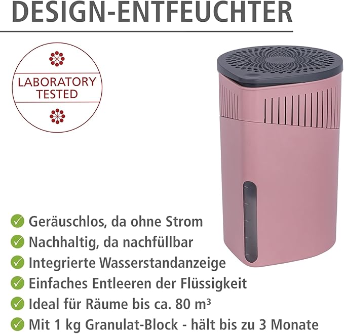 WENKO Portable Dehumidifier Drop Design, Compact and Rechargeable Dehumidifier for Bathroom, Closet, Bedroom, Garage, Covers up to 2800 Cubic Feet, 2.2 lbs, Pink, 5.9 x 9.1 x 5.9 in - Image 2