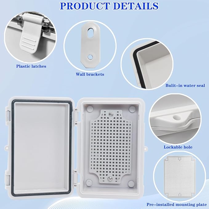 Waterproof Electrical Box Dustproof Junction Box Weatherproof IP67 ABS Plastic Enclosure Switch Router Project Box with Mounting Plate with Wall Bracket 2 Cable Glands Grey 5.9"x3.9"x2.8" - Image 3