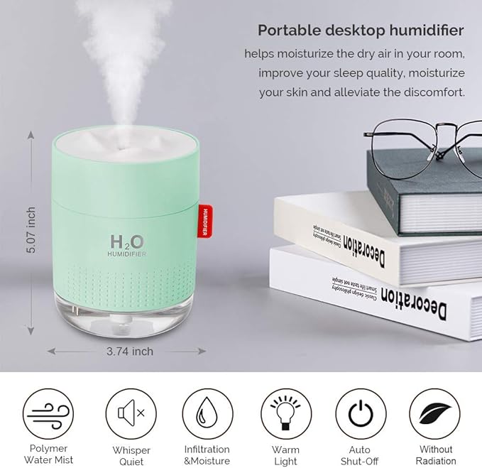 Green Portable Mini Humidifier, 500ml Small Cool Mist USB Desktop Humidifier for Baby Bedroom, Travel, Office, Home - Auto Shut-Off, 2 Mist Modes, Super Quiet - Image 2