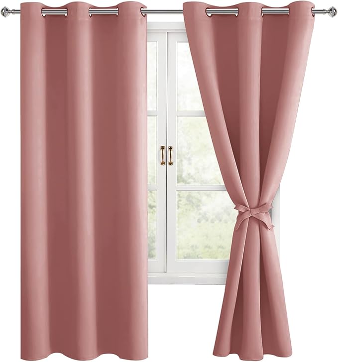 Hiasan Room Darkening Window Curtains for Bedroom, Thermal Insulated, Energy Saving Blackout Curtains, Set of 2 Panels, Sewn with Tiebacks, Grommet Top (Dusty Rose, Width 38 Inch x Length 63 Inch) by Hiasan