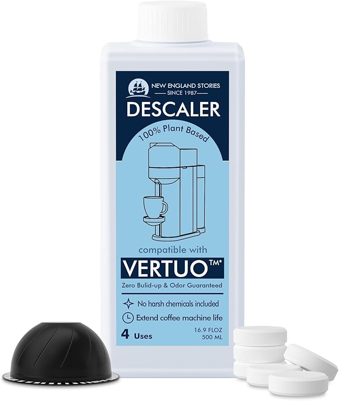 (12 Months Supply) Descaling Kit Compatible with Nespresso Vertuo, Odorless Coffee Brewer Machine Descaler Set, Liquid Descaling Solution for Nespresso, Includes Reusable Pod and 12 Cleaning Tablets by NewEnglandStories