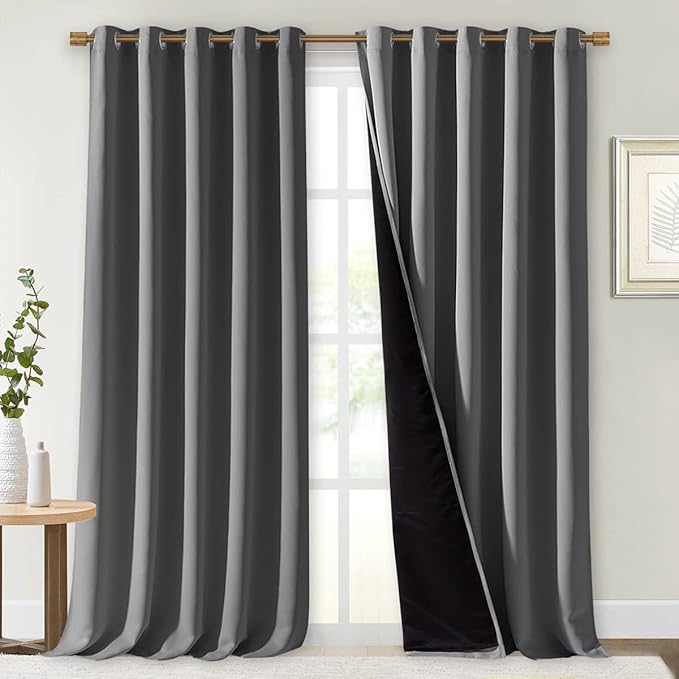 NICETOWN Total Shade Curtains and Draperies, Heavy-Duty Full Light Shading Drapes with Black Liner Backing for Villa/Hall/Dorm Window（Gray, Package of 2 Panels, 70 inches Wide x 95 inches Long by NICETOWN