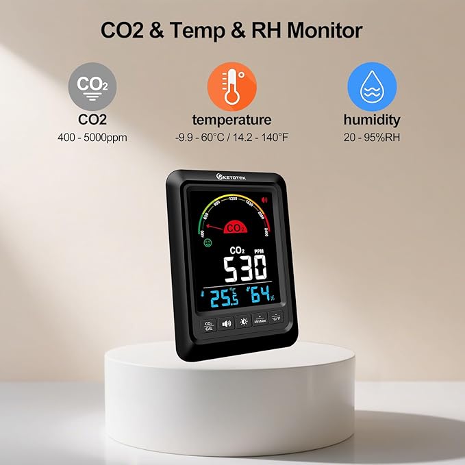KETOTEK CO2 Monitor Indoor Air Quality Meter with CO2 Alarm, Temperature, Humidity Display, Portable Carbon Dioxide Detector for Home, Car, Office or School - Image 2