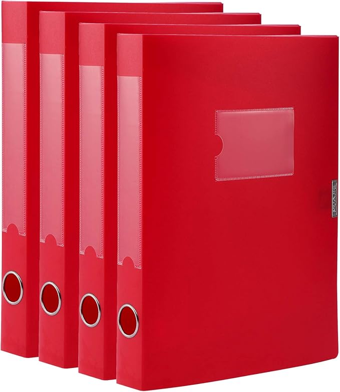 HUA JIE A4 Storage File Boxes Plastic Archives Cases with Lid, File Folder Organizer Document Filing Box for office, Letter Size Paper,31×4×24 cm, Red(Pack of 4) by HUA+JIE