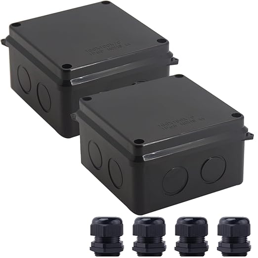 Junction Box, 2 Pcs Reserved Holes Electrical Boxes Waterproof IP65 ABS Plastic Electrical Power Cord Enclosure Project Box Black 3.9 x 3.9 x 2.8 inch(100x100x70mm) by LuSumtly