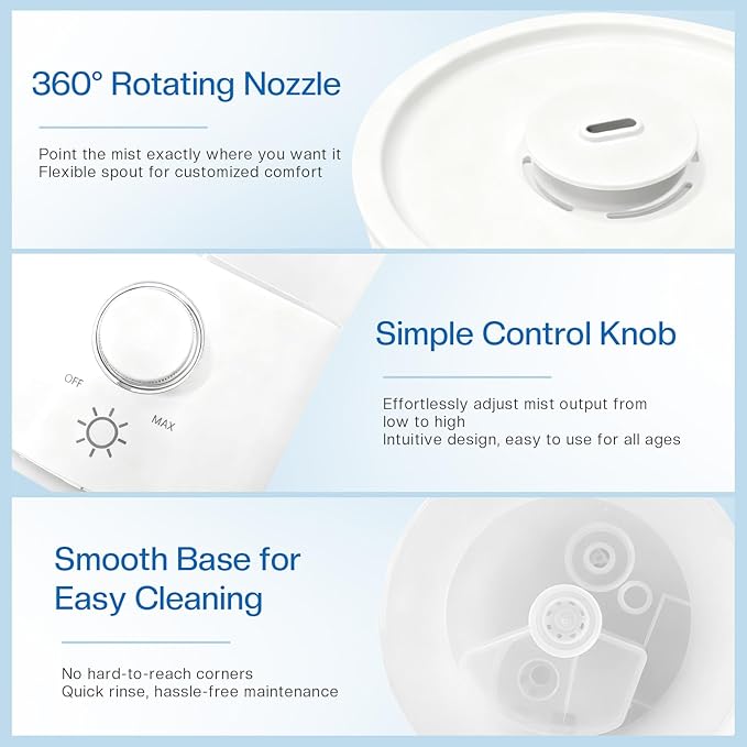 Cool Mist Humidifier for Bedroom, 3L Top Fill Ultrasonic Air Humidifier with Adjustable Knob Control, Quiet Operation, Auto Shut-Off, BPA-Free for Home, Baby, Office, Plants - Image 7