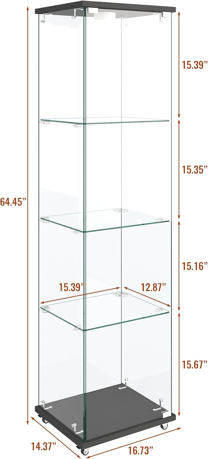 Yoluckea 4-Shelf Glass Display Cabinet with LED Lights, 1-Door Floor Standing Curio Cabinet with Universal Wheel for Home or Office, Black Glass Bookshelf for Collections, Decor, and Corner Display - Image 2