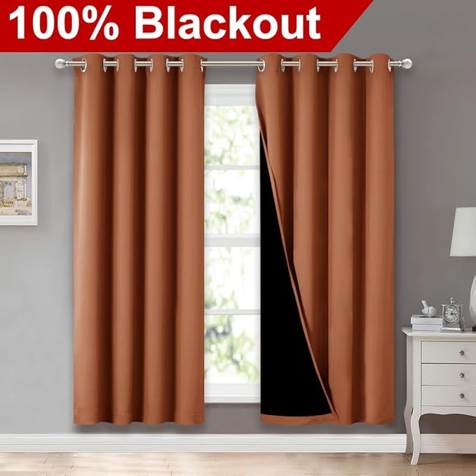 NICETOWN 100% Blackout Window Curtain Panels, Full Light Blocking Drapes with Black Liner for Nursery, 72-inch Drop Thermal Insulated Draperies (Burnt Orange, 2 Pieces, 52-inch Wide Per Panel) - Image 2