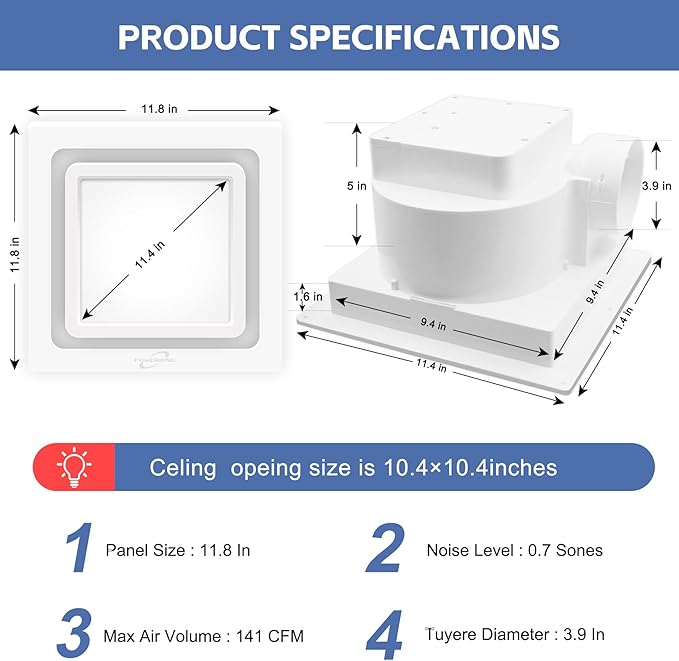 Bathroom Exhaust Fan with Light,11.8 In Panel,6000K 12W Square LED,141 CFM,0.7 Sones 4 Inches Duct 110V,Quiet Bathroom Ventilation Exhaust Fan for Shower/Restroom/Office/Home(6000K LED) - Image 2